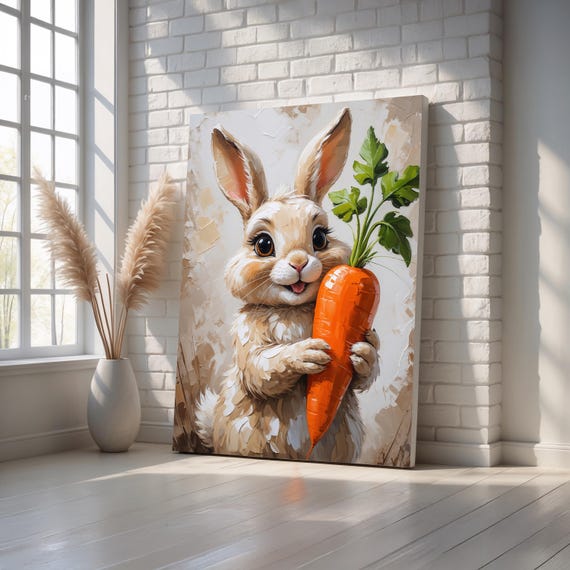 Sweet Bunny Holding Carrot Wall Art Cute Easter Rabbit Canvas Print Nursery Animal Decor For Kids Room Or Baby Gift Ready To Hang