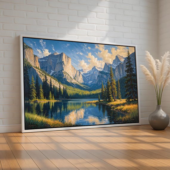 Majestic Mountain Valley Wall Art Lake Pine Forest Landscape Canvas Rustic Nature Lodge Decor Tranquil Scenery Ready To Hang