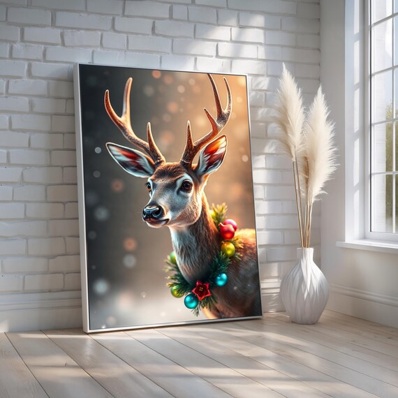 Deer Wearing Christmas Wreath Holiday Ornaments Portrait Poster