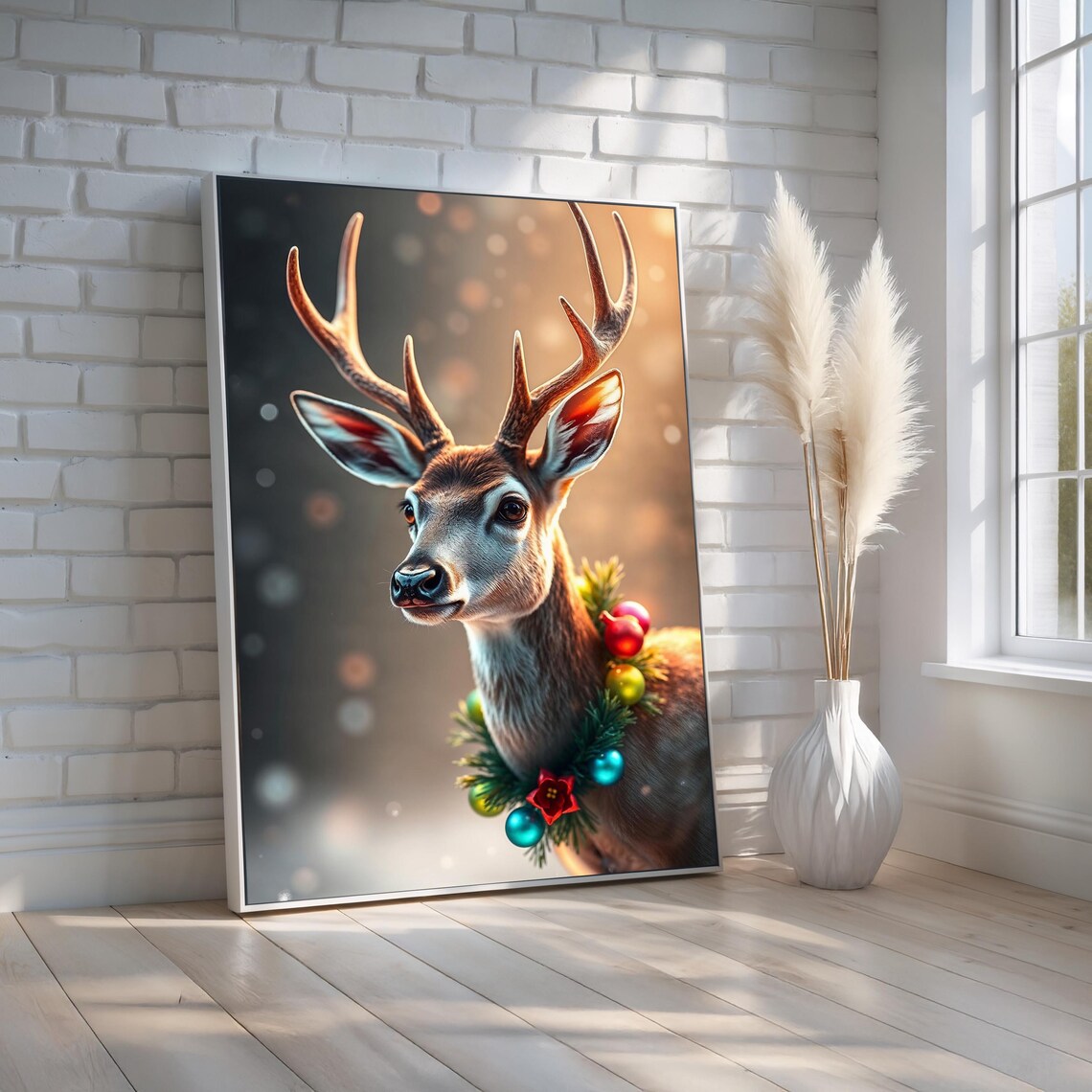 Deer Wearing Christmas Wreath Holiday Ornaments Portrait Poster