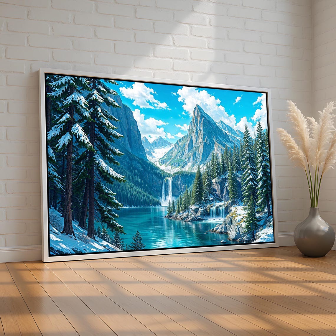 Snowy Alpine Lake Waterfall Mountain Pines Landscape Wall Art
