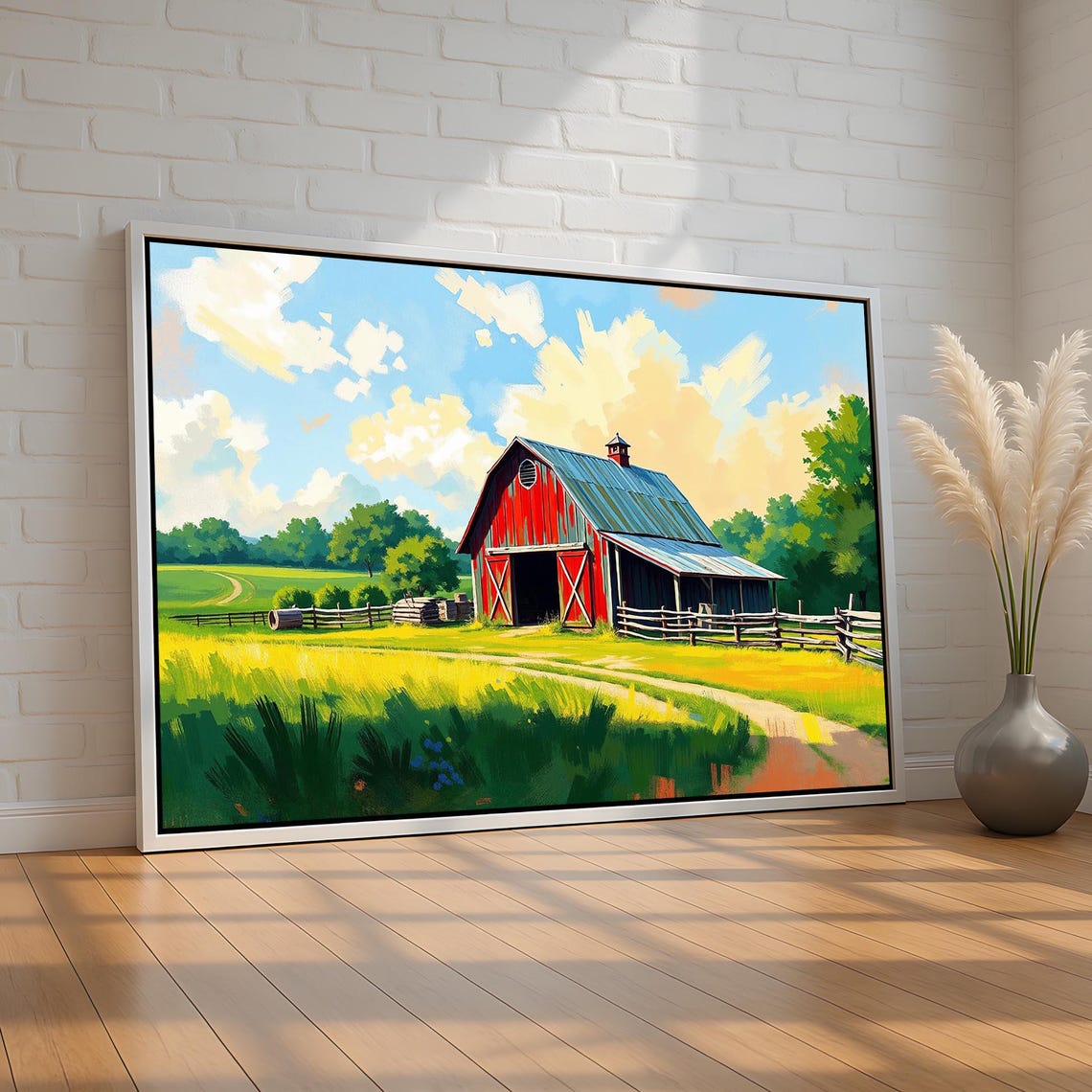 Red Barn Country Farmhouse Landscape Vibrant Summer Field Print