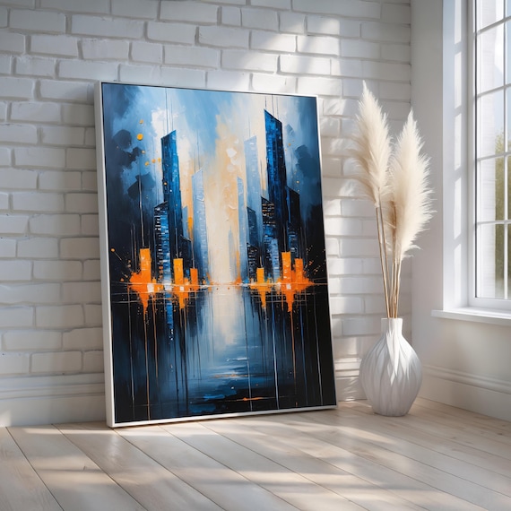 Abstract City Skyline Canvas Modern Urban Wall Art Blue Orange Contemporary Painting For Office Or Loft Space Ready To Hang