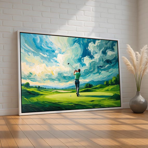 Golf Wall Art Canvas Vibrant Course Painting Golfer Swinging In Nature Gift For Lovers Modern Sports Decor Ready To Hang