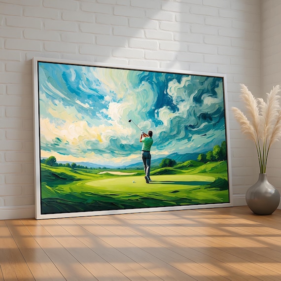 Golfer Swinging on a Green Course Under Swirling Clouds Art Poster