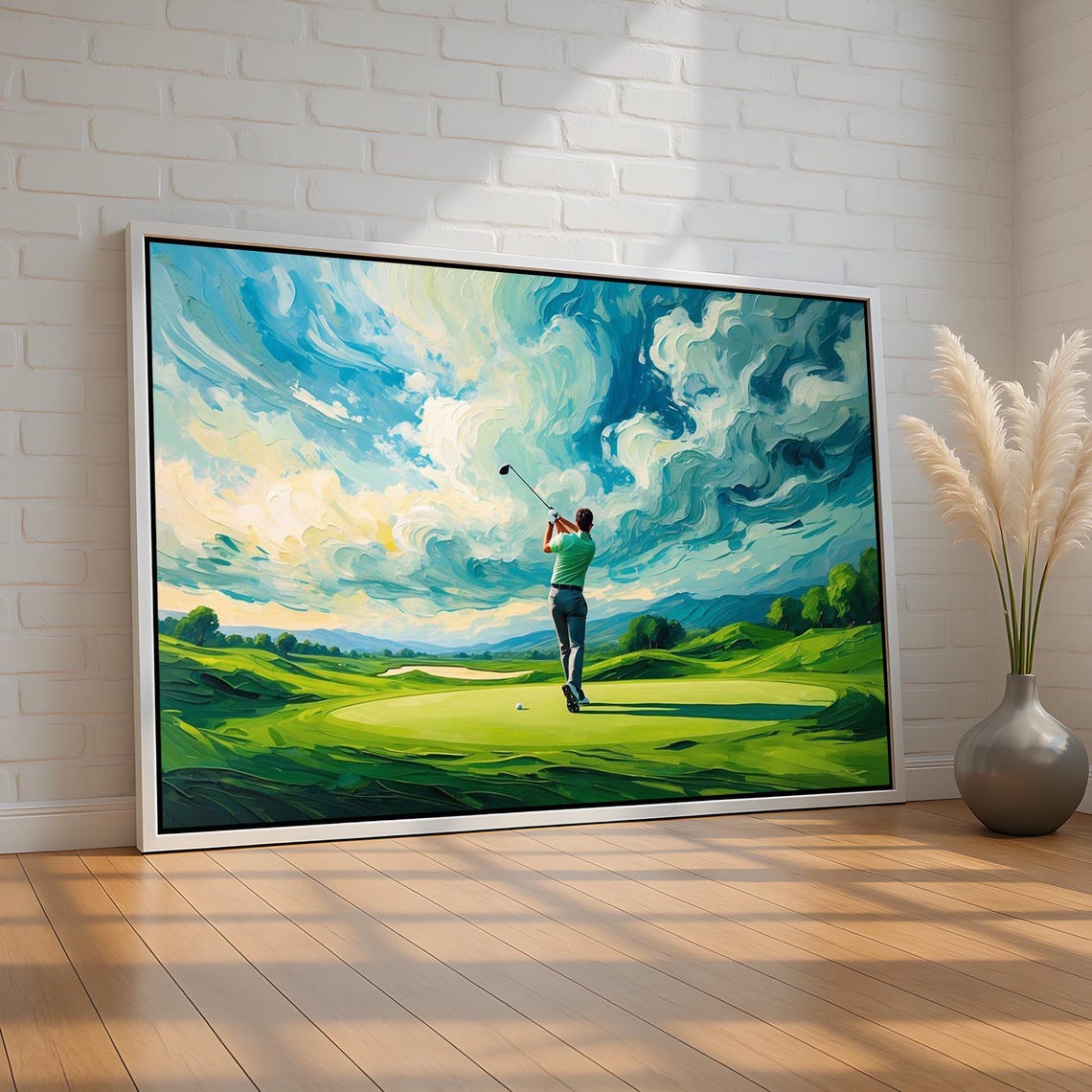Golfer Swinging on a Green Course Under Swirling Clouds Art Poster
