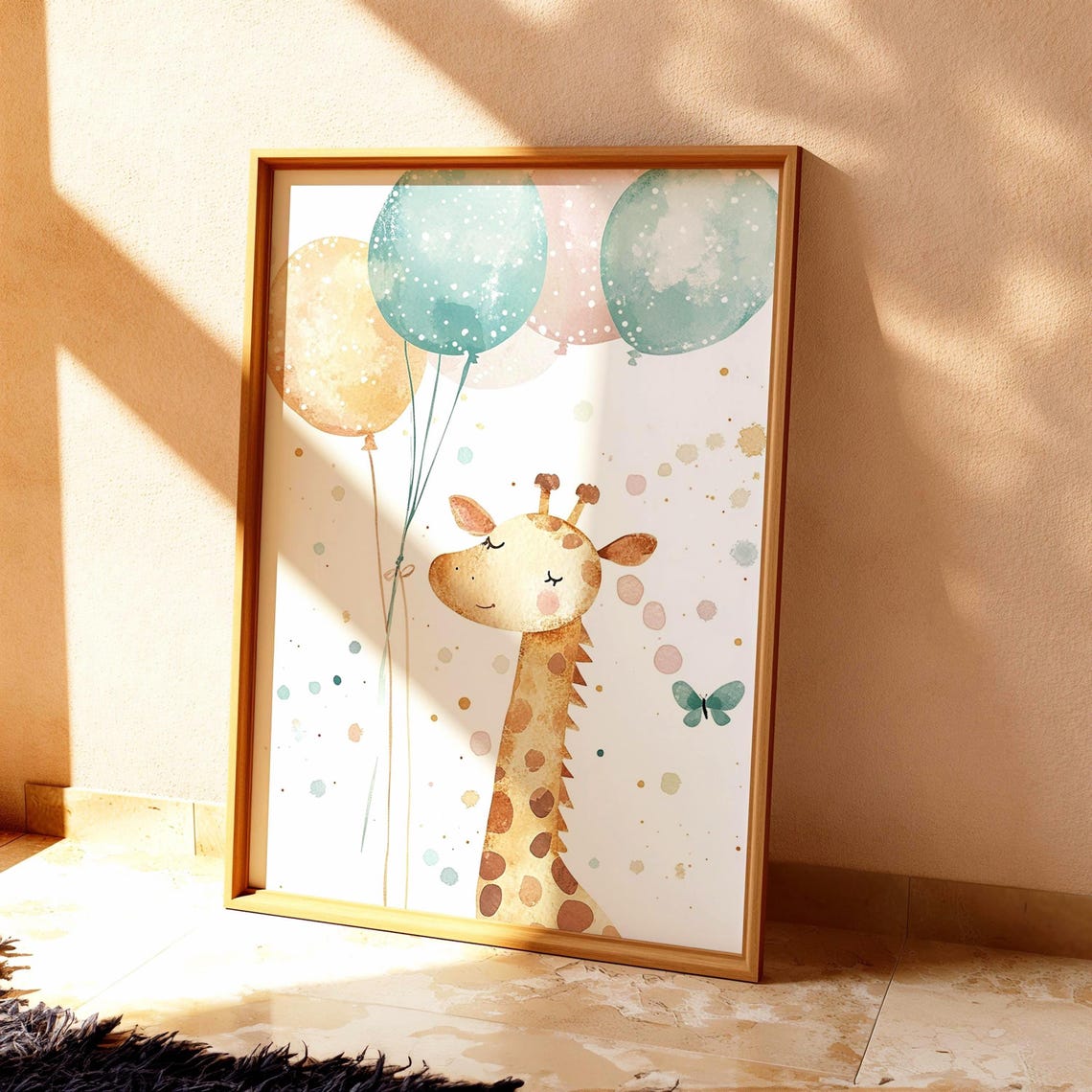 Smiling Giraffe Holding Pastel Balloons Nursery Watercolor Poster