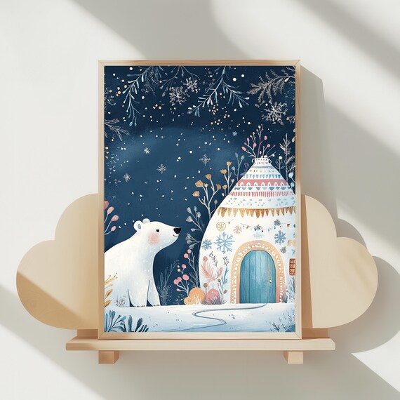 Whimsical Polar Bear Beside Snowy Igloo House Under Starry Winter Night Poster