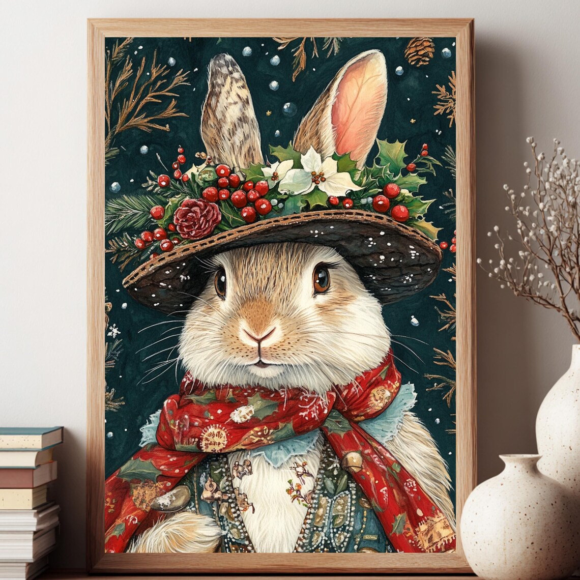 Festive Christmas Bunny in Hat and Scarf Winter Holiday Art Poster