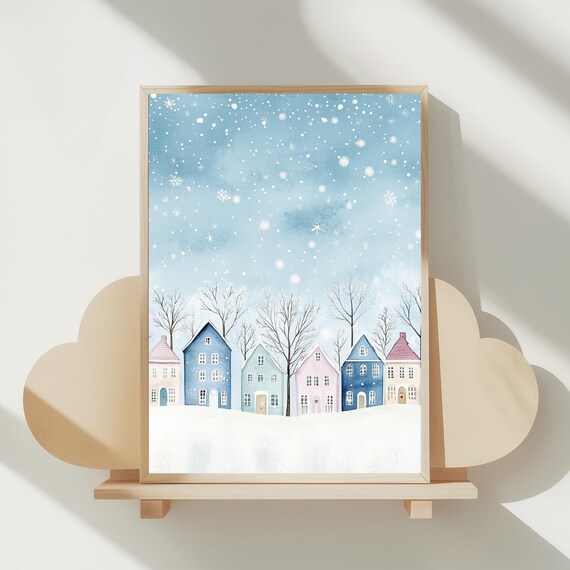 Snowy Winter Village Under Falling Snow Watercolor Kids Room Poster