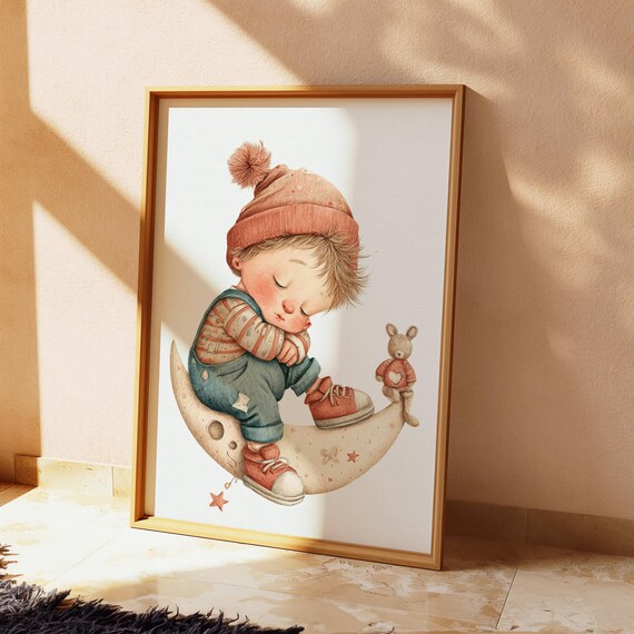 Sleeping Baby On Moon Watercolor Print Whimsical Nursery Wall Art Cute Boy Kids Room Decor 109