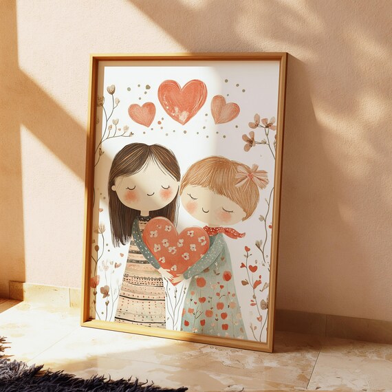 Best Friends Holding Heart Whimsical Kids Friendship Nursery Poster