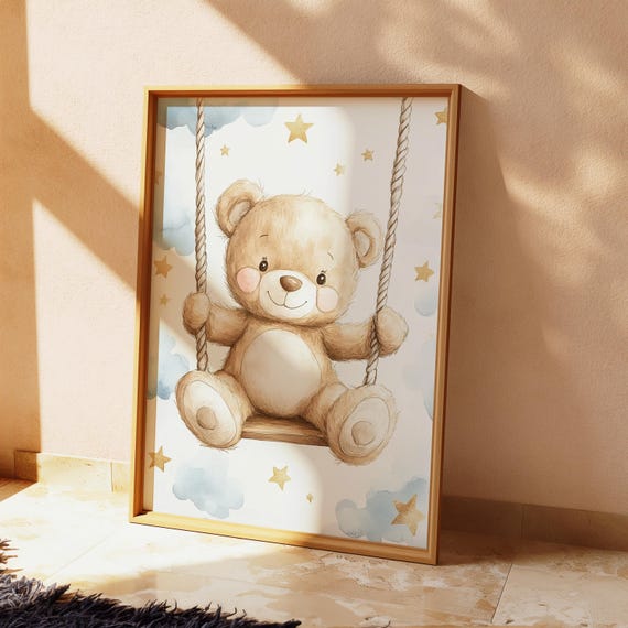 Teddy Bear Nursery Print Whimsical Swing Stars Clouds