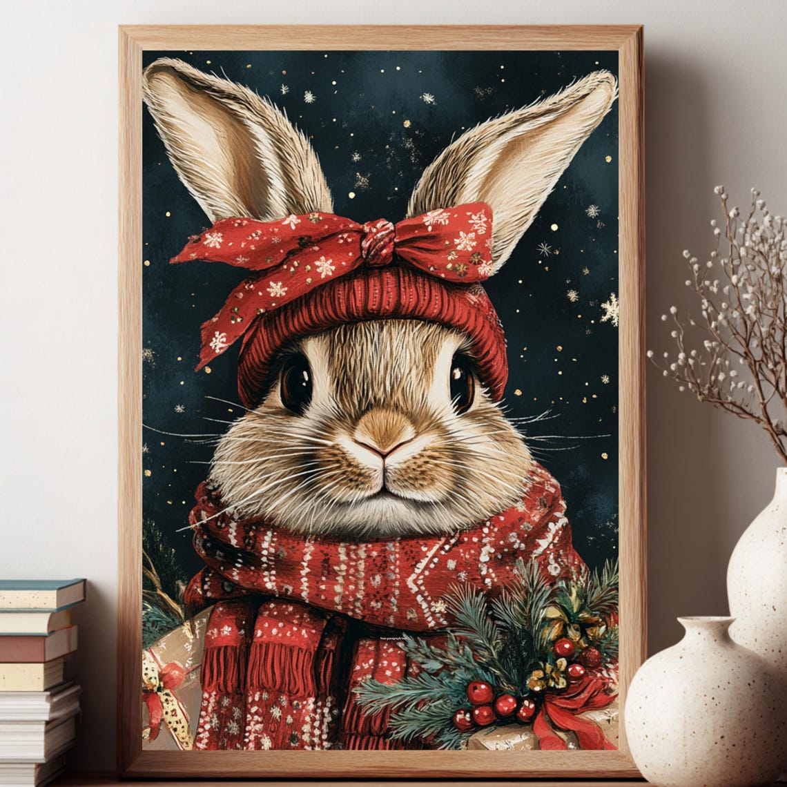 Cozy Bunny in Red Scarf Winter Christmas Nursery Fine Art Poster