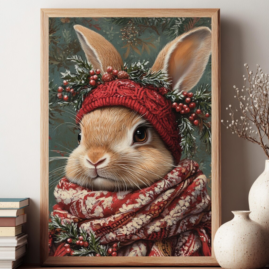Christmas Bunny in Red Knit Hat and Snowy Scarf Festive Animal Poster