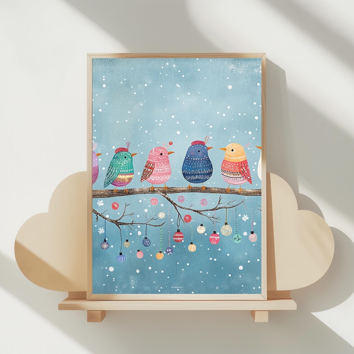 Whimsical Christmas Birds on Branch With Ornaments in Snowy Sky Poster