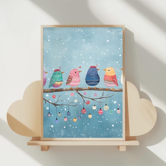 Whimsical Christmas Birds Print Festive Nursery Playroom Wall Art