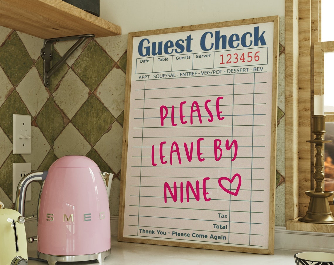 Guest Check Please Leave By Nine Funny Pink Kitchen Wall Art