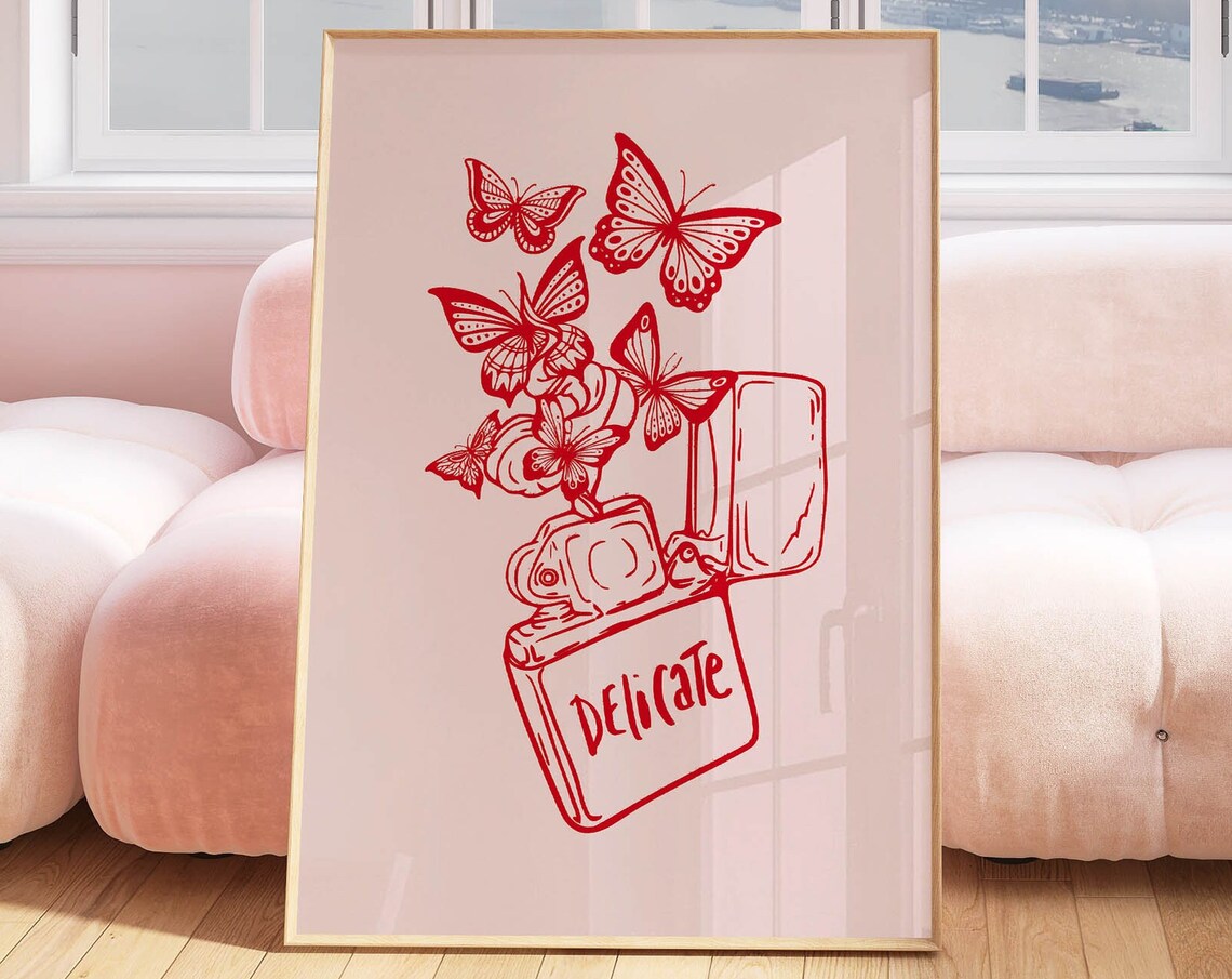 Delicate Red Vintage Lighter Butterfly Line Art Pink Retro Poster - Image 2