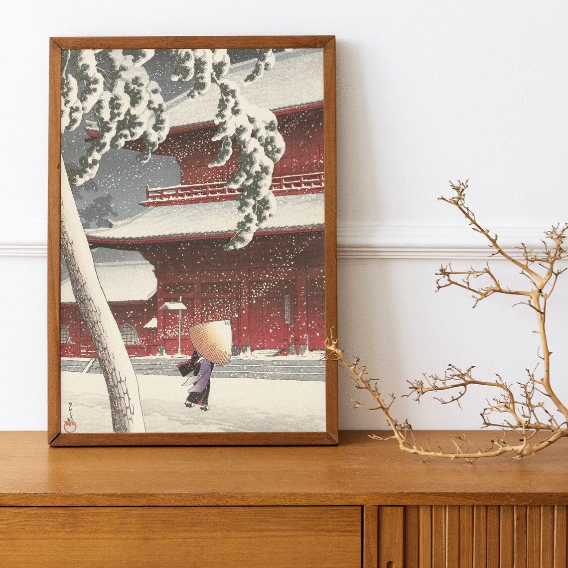 Red Temple in Snow Japanese Woodblock Style Winter Art Poster - Image 3