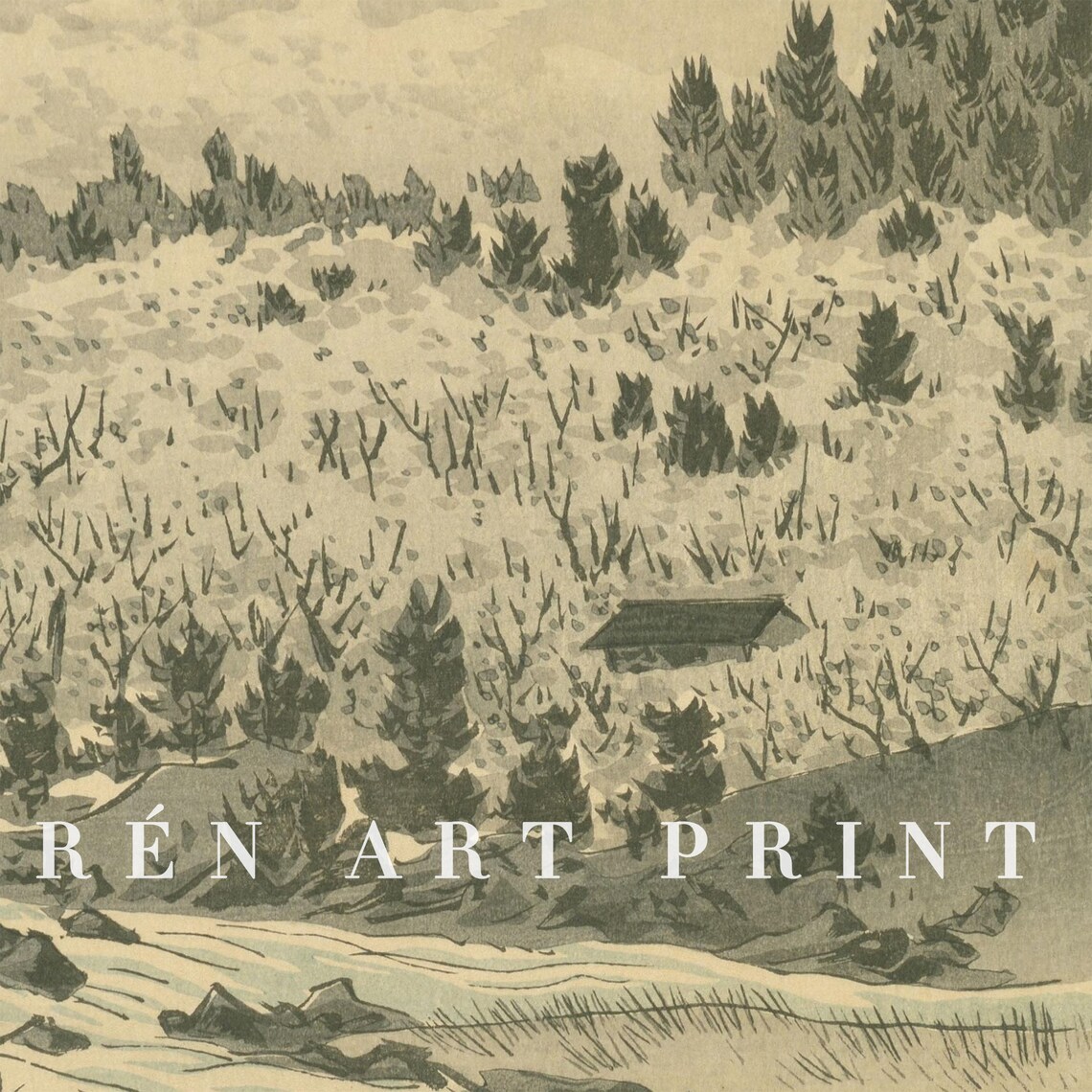 Antique Japanese Woodblock Mountain River Sepia Landscape Art Print - Image 3