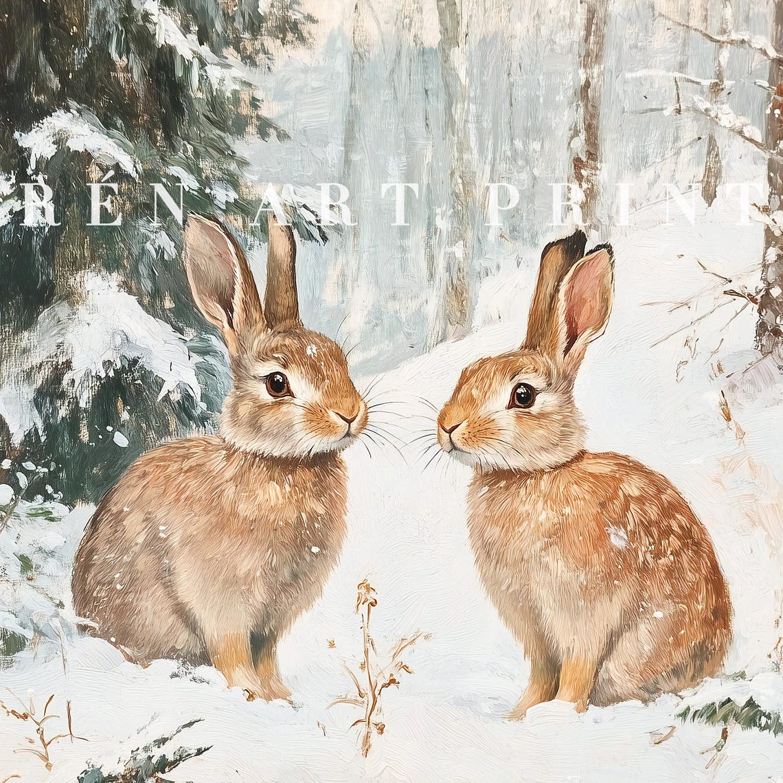 Two Woodland Rabbits in a Snowy Winter Forest Bunny Painting Art Print - Image 3