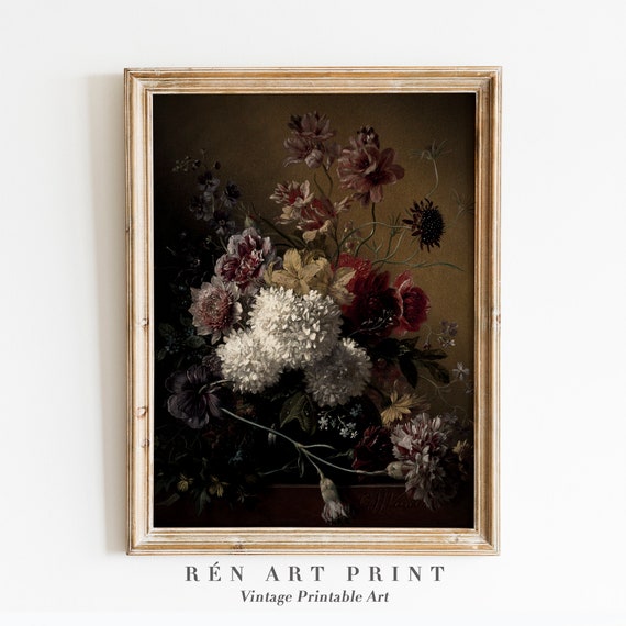 Moody Botanical Flower Painting, Vintage Farmhouse Art Print