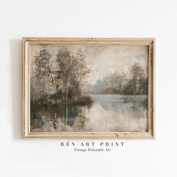Misty Neutral Lake Landscape with Trees Foggy Vintage Art Poster