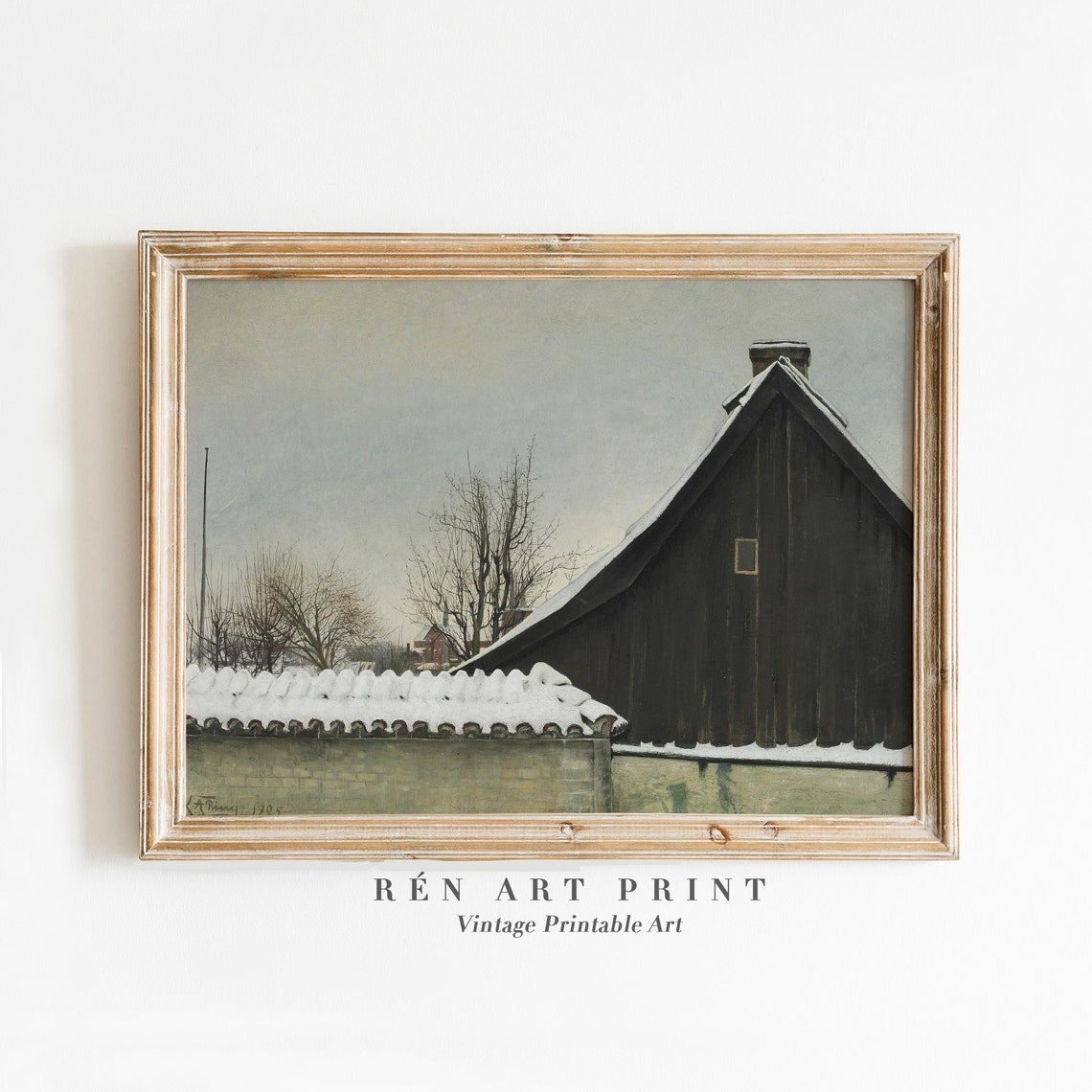 Dark Winter Barn with Snowy Roof Moody Old Farmhouse Art Print