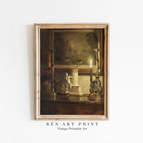 Antique Still Life Art Print Moody Oil Painting Vintage Victorian Wall Art Interior Painting Wall Art