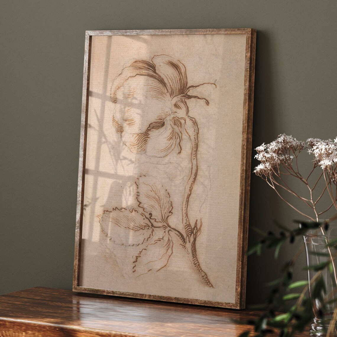 Antique Flower Sketch Art Print, Neutral Rose - Image 3