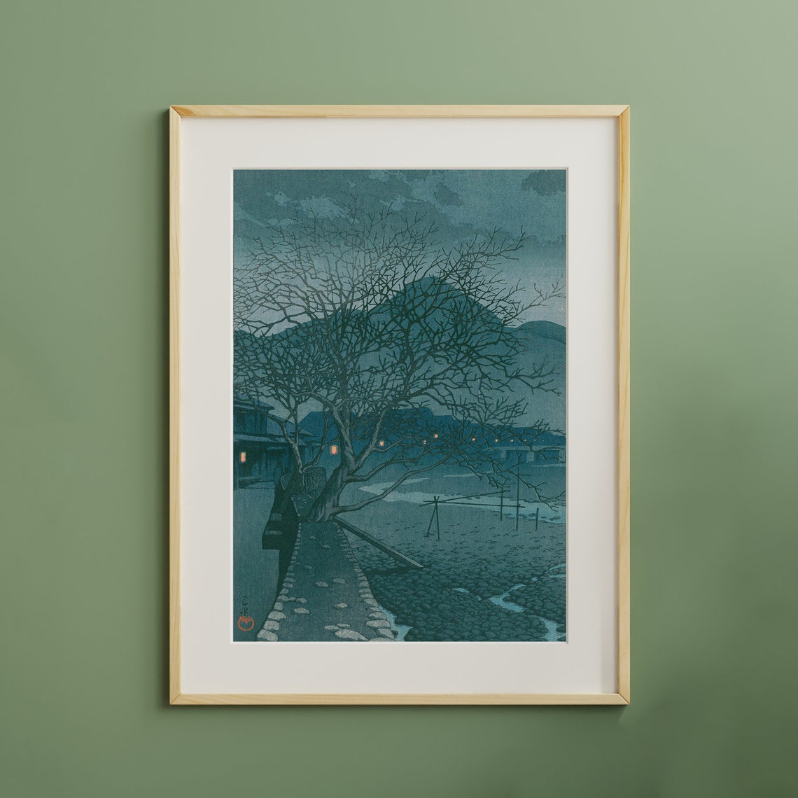 Japanese Woodblock Night Bare Tree Winter Water Moonlit Scene Poster - Image 2