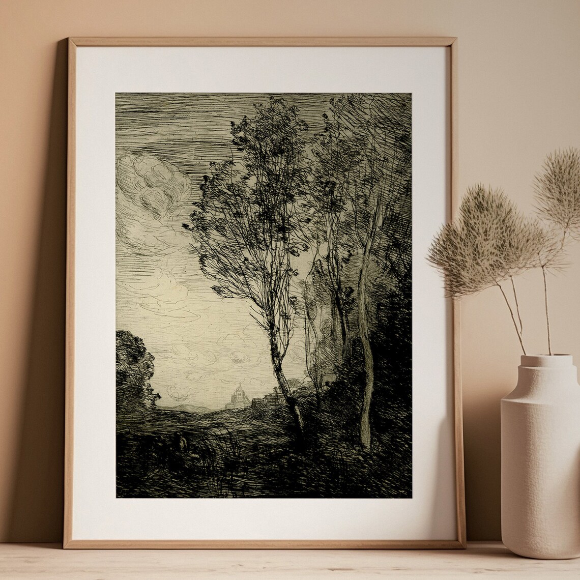 Vintage Ink Sketch of Trees by a Lake at Dusk Rustic Art Print - Image 3