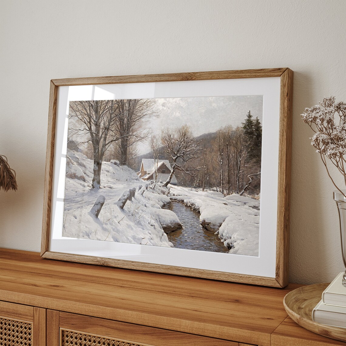 Snowy Cabin by Winter Stream Vintage Christmas Landscape Art Print - Image 2