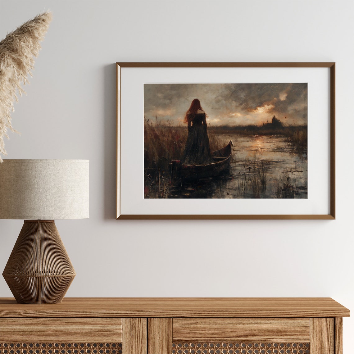 Red Haired Woman in Boat on Misty Marsh at Sunset Moody Art Poster - Image 3