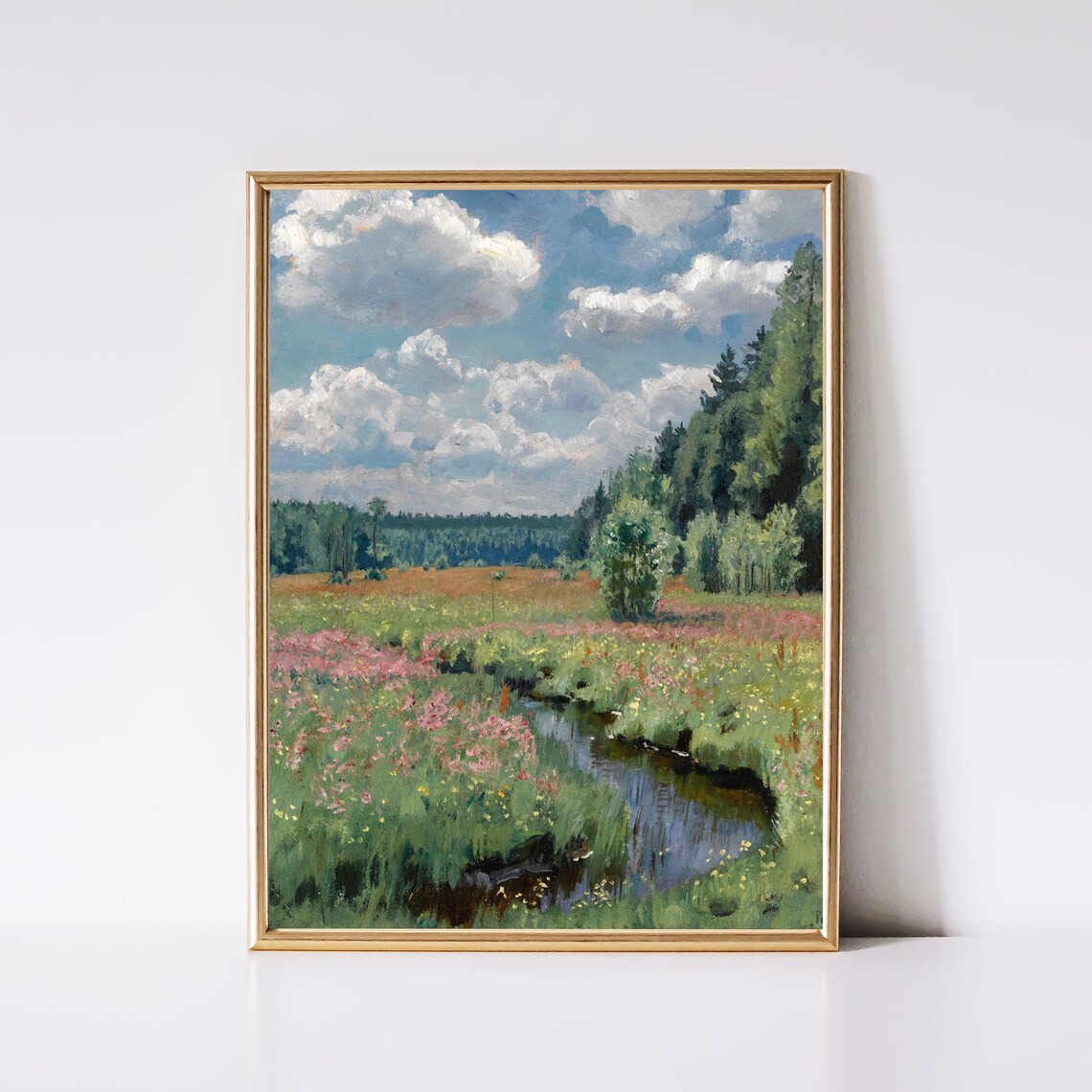 Vintage Spring Landscape Painting, Wildflower Field Art Print