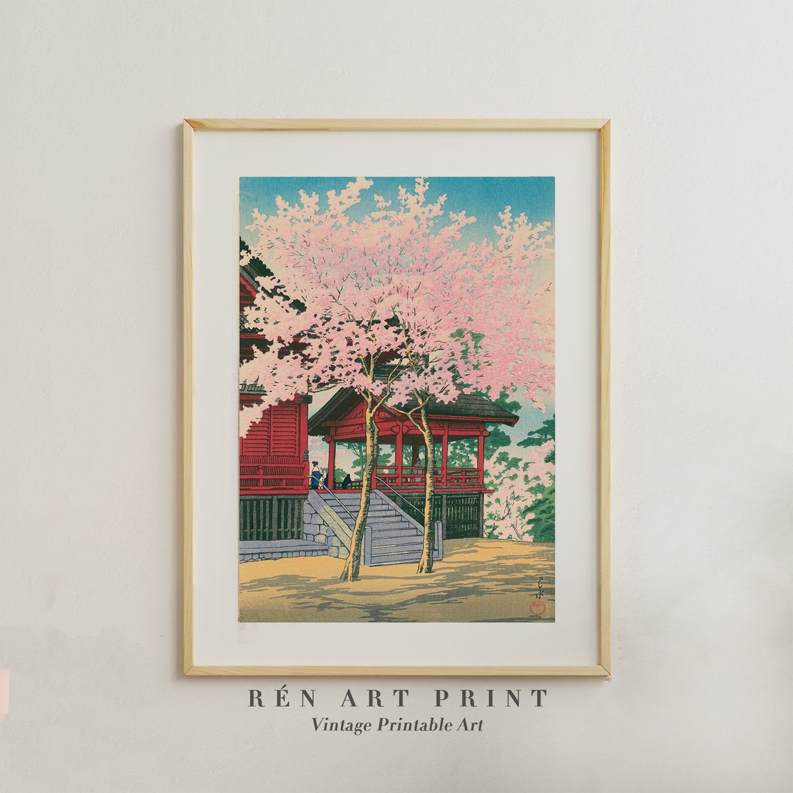 Cherry Blossoms Red Temple Japanese Woodblock Style Art Poster