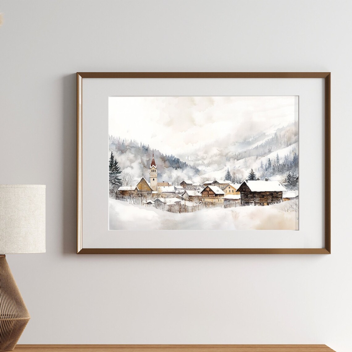 Snowy Village Painting, Vintage Neutral Christmas Art Print - Image 2