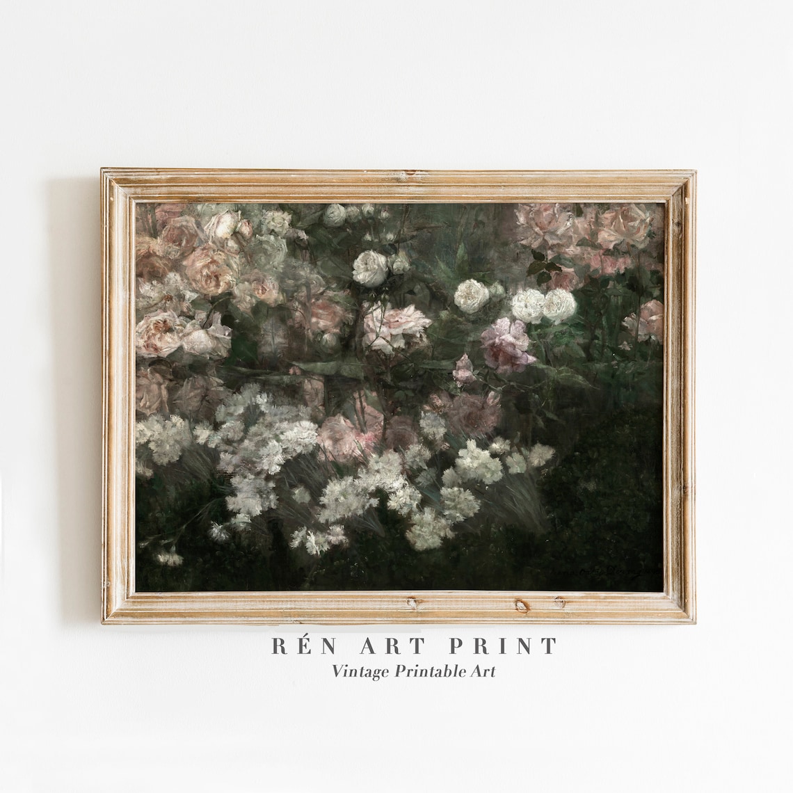Moody Rose Garden Vintage Pink White Roses Dark Floral Oil Poster