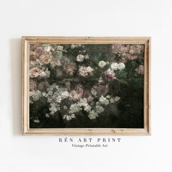 Vintage Rose Garden Wall Art Moody Floral Art Antique Oil Painting Dark Victorian Flower Wall Art