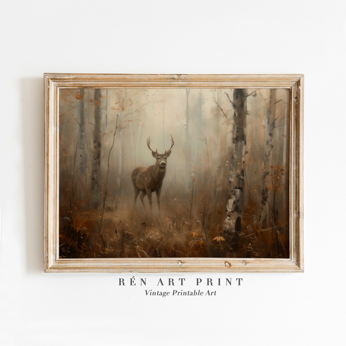 Vintage Deer In Forest Art Print, Rustic Autumn