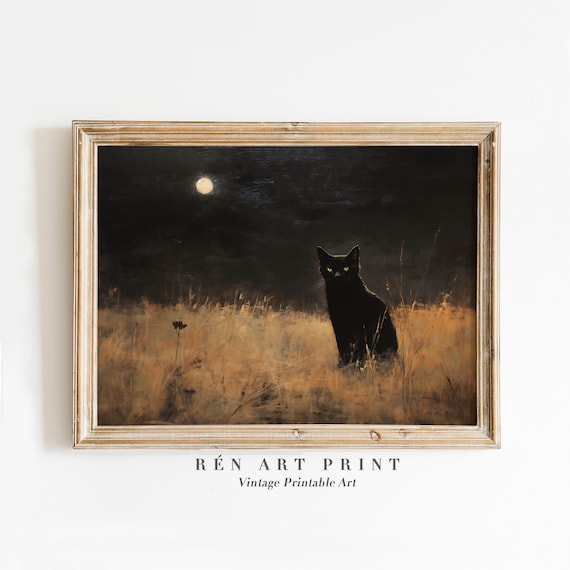 Black Cat Moonlit Night Golden Field Moody Gothic Autumn Halloween Poster