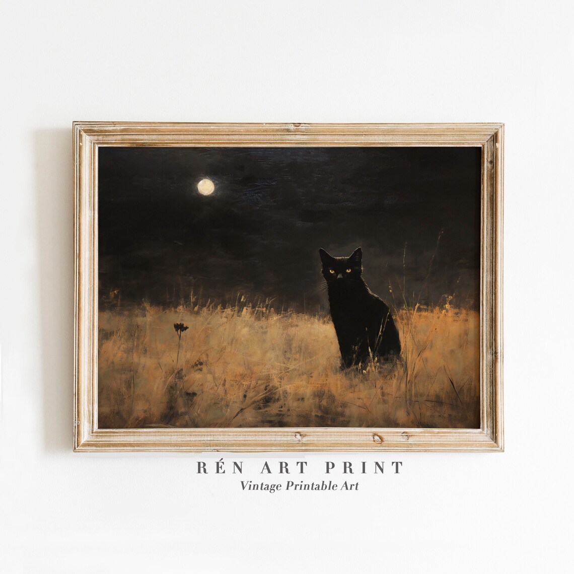 Black Cat Moonlit Night Golden Field Moody Gothic Autumn Halloween Poster