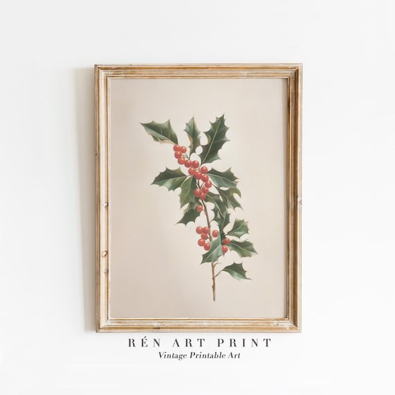Holly Branch Botanical Christmas Art Print