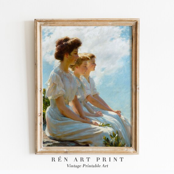 Three Women in White Dresses Vintage Impressionist Portrait Art Print
