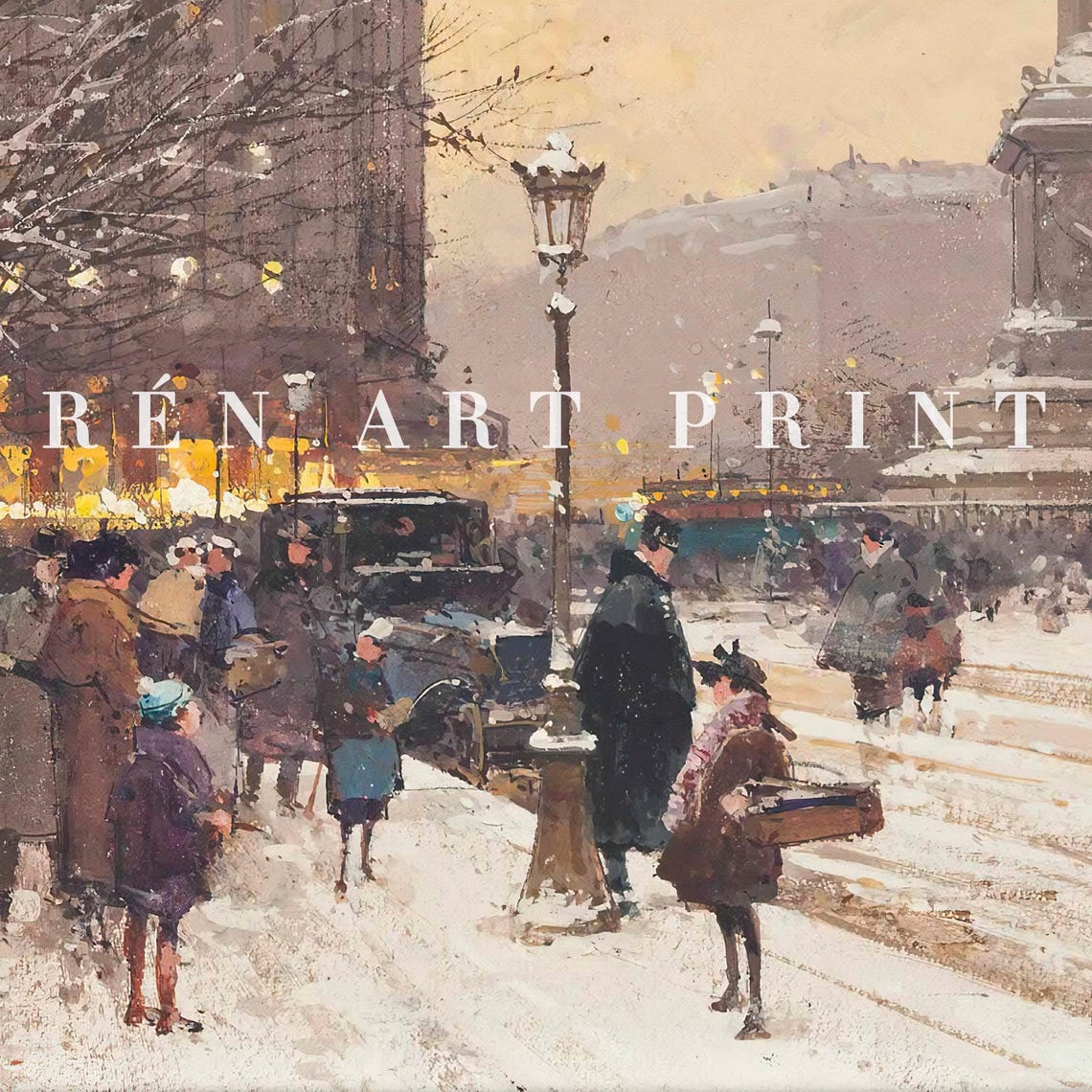 Paris Winter Square with Lamppost and Crowd Vintage Art Poster