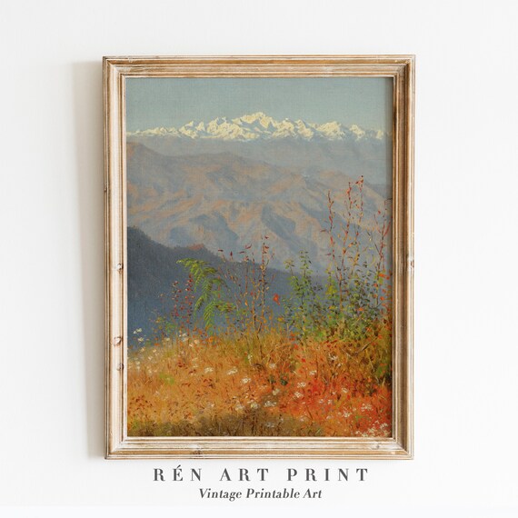 Snowcapped Peaks Wildflower Meadow Vintage Mountain Art Print