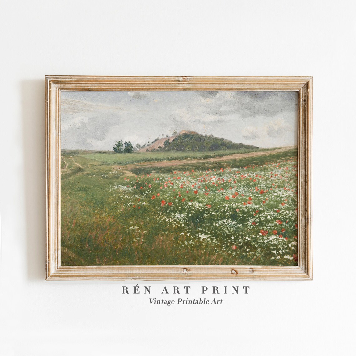 Spring Poppy Meadow Wildflowers Hill Antique Floral Landscape Painting Poster