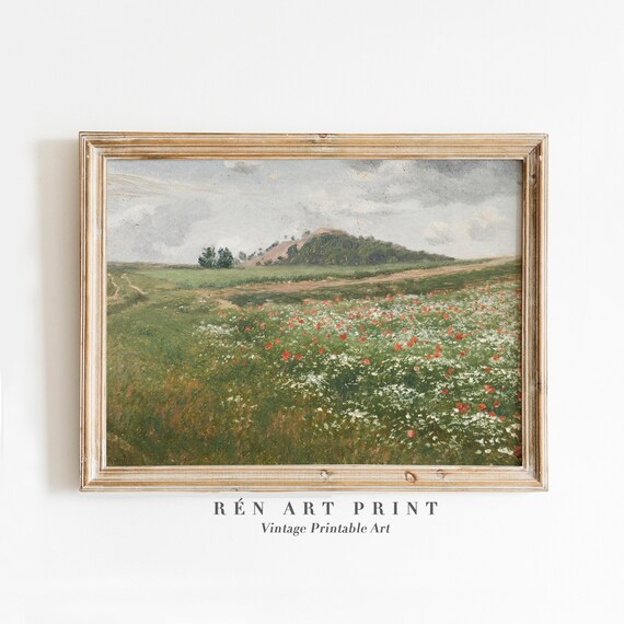 Spring Poppy Meadow Wildflowers Hill Antique Floral Landscape Painting Poster