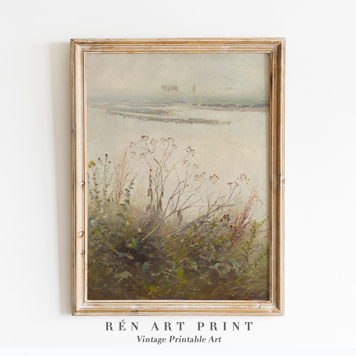 Muted Landscape Floral Antique Art Print, Cottage Decor